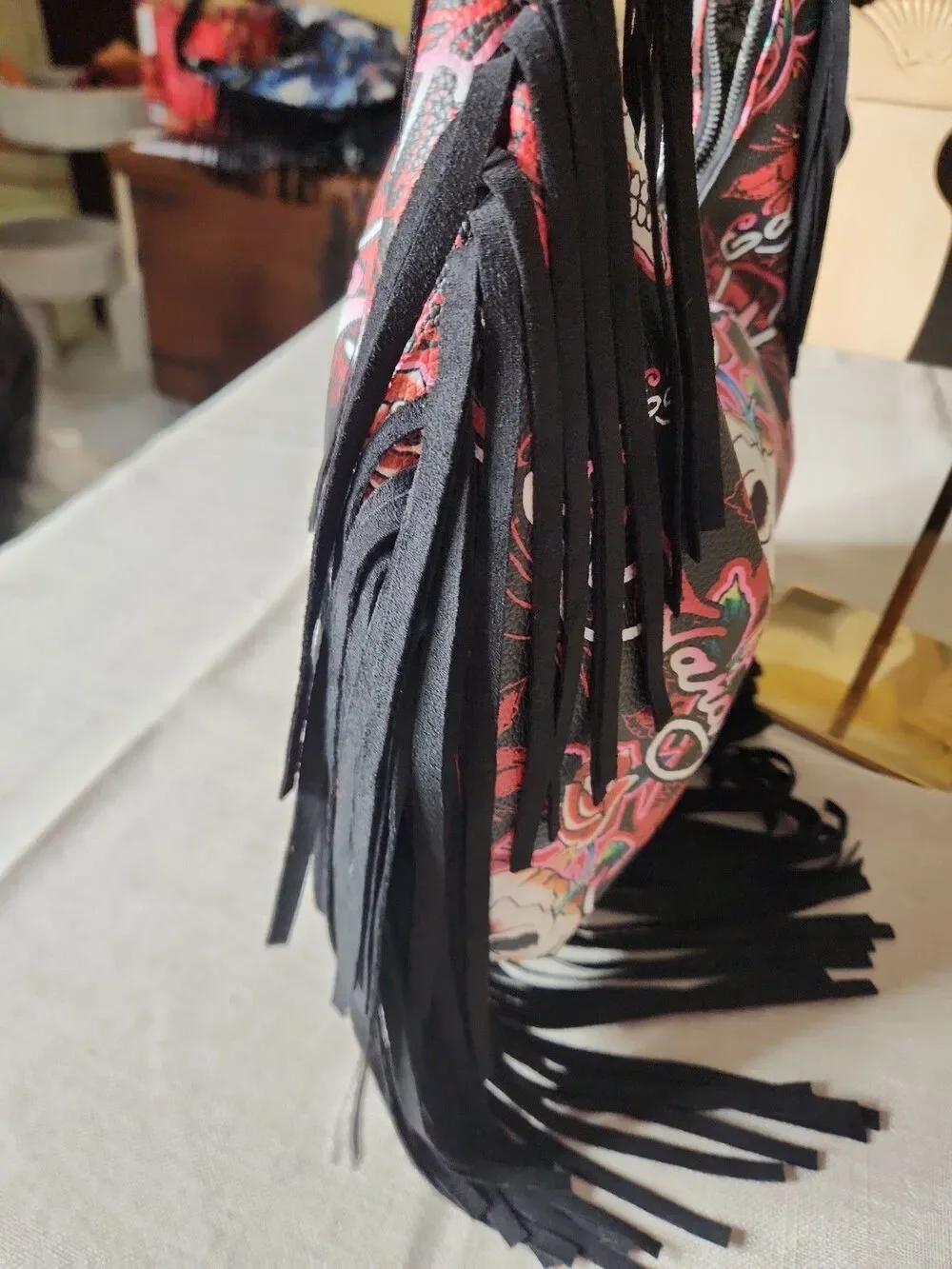 NWT Ed Hardy Fringed Hobo Shoulder Bag - Skulls & Roses - Red